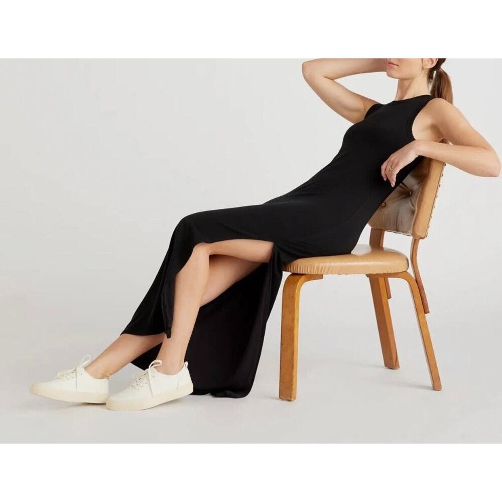 QUINCE Dress M Shift Tank Maxi Stretch Jersey Scoop Neck Sleeveless Long Black